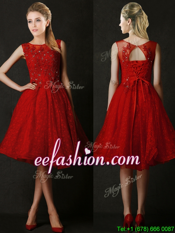 Modest Knee Length Red Bridesmaid Dress with Beading and Appliques