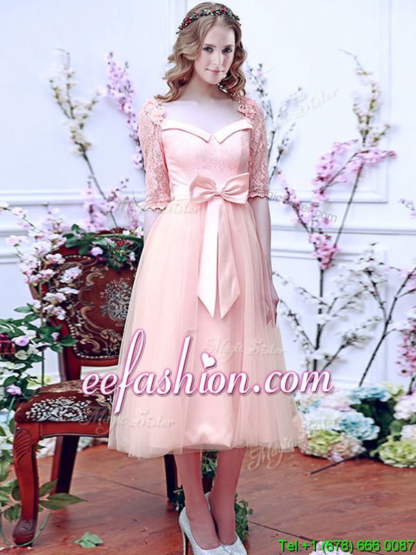 Comfortable Square Half Sleeves Bowknot Mother Of The Bride Dresses in Baby Pink