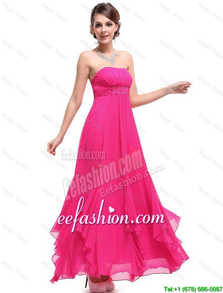 Beautiful Ankle Length Hot Pink Prom Dresses with Beading