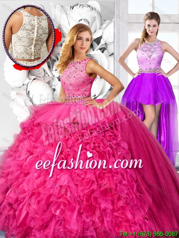 Cheap Hot Pink Detachable Quinceanera Dresses with Scoop