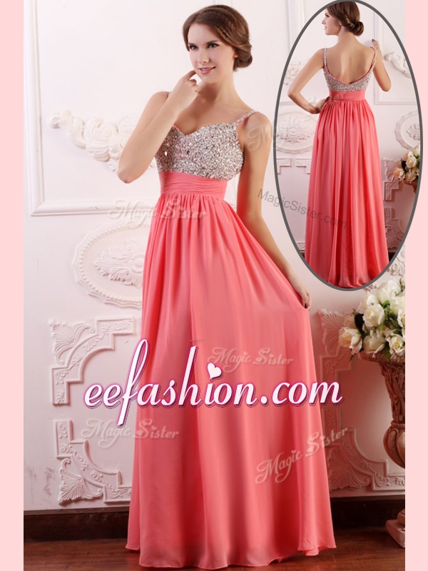 2016 Long Empire Straps Watermelon Prom Dress for Celebrity