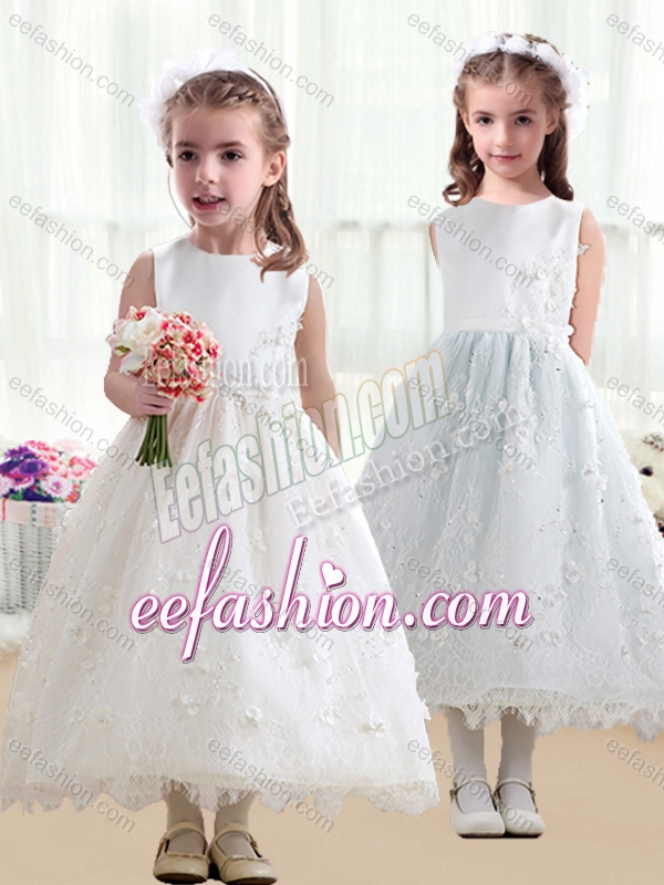 Pretty Scoop A Line White Cute Flower Girl Dresses in Lace