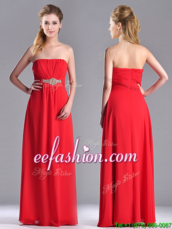 Beautiful Strapless Chiffon Red Prom Dress with Beading and Ruching