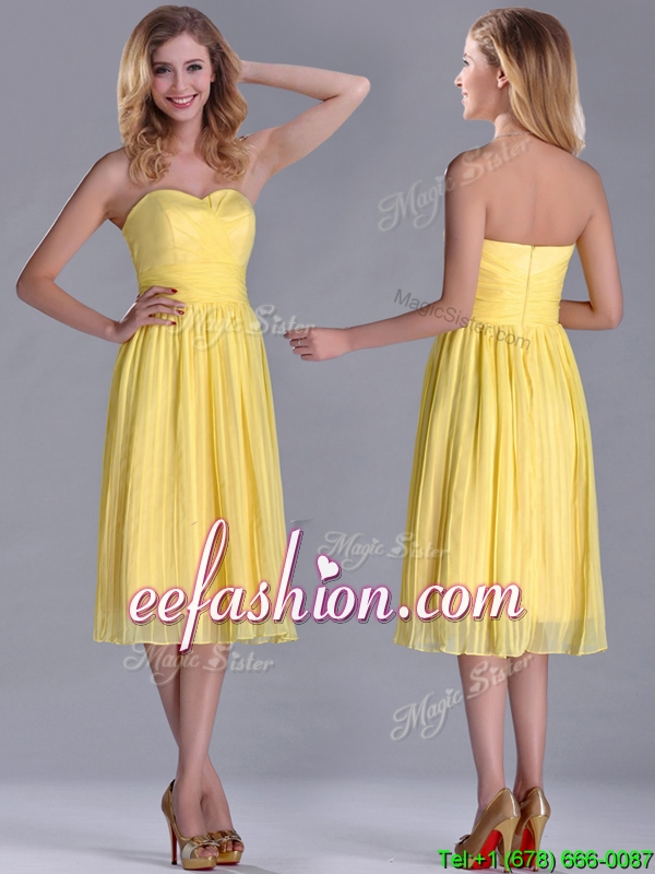 Discount Pleated Yellow Chiffon Prom Dress in Tea Length