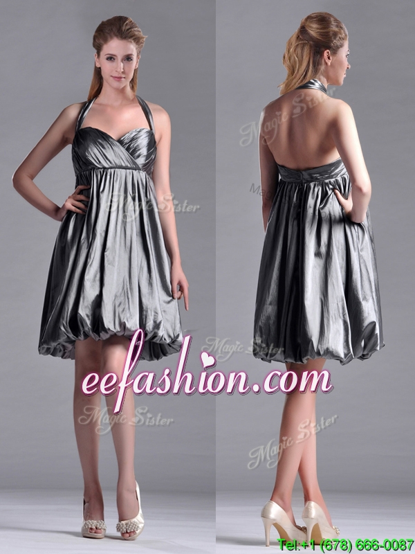 New Style Halter Top Taffeta Silver Prom Dress with Backless