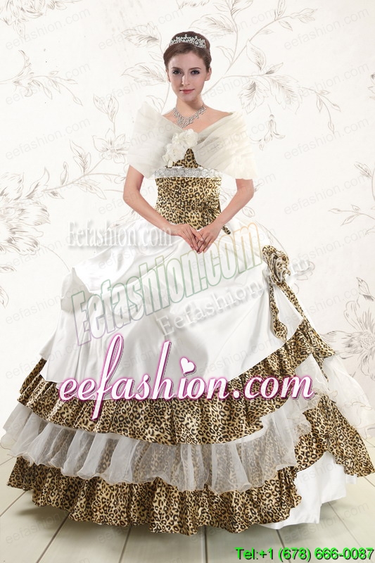 2015 Amazing Strapless Leopard Quinceanera Dresses with Hand Made Flower