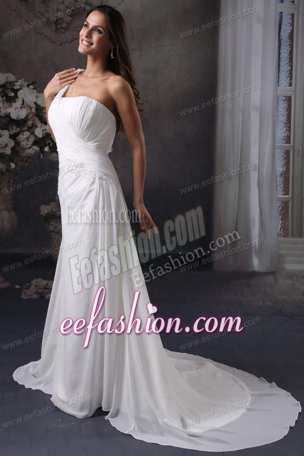 Column One Shoulder Ruching Court Train Chiffon Wedding Dress