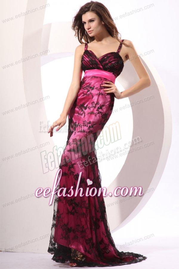 Column Straps Embroidery Prom Dress with Brush Train in Hot Pink