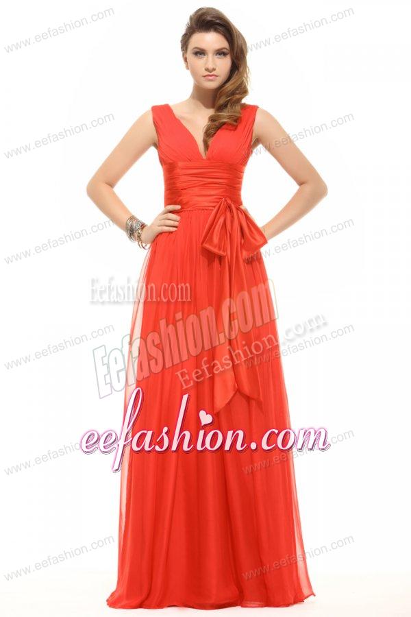 Empire Orange Red V-neck Ruching Chiffon Prom Dress