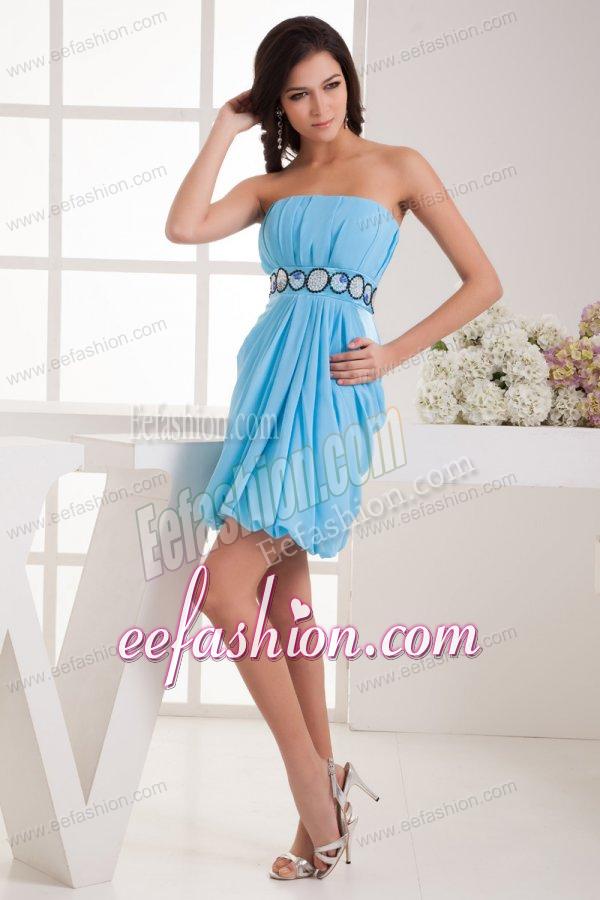Empire Strapless Blue Chiffon Mini-length Prom Dress