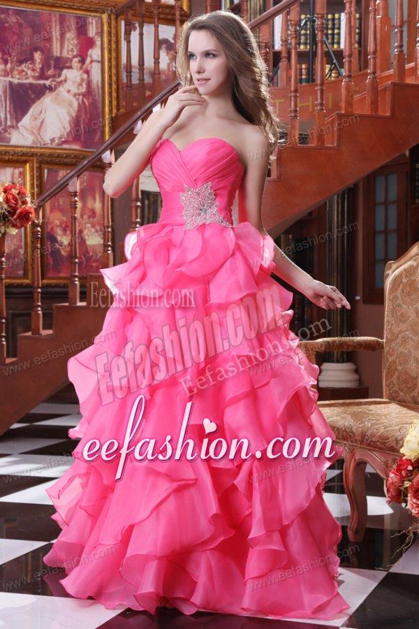 Hot Pink A-line Sweetheart Prom Dress with Beading and Ruffles