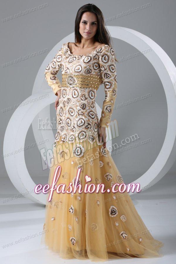 Champagne A-line Scoop Prom Dress with Long Sleeves