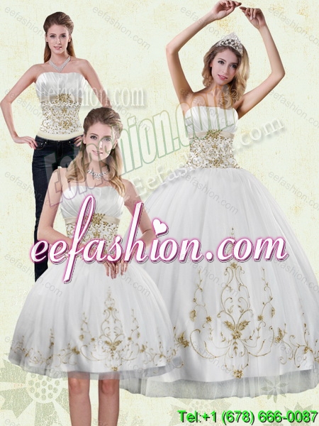 Modest 2015 Strapless Embroidery White and Gold Quinceanera Dresses
