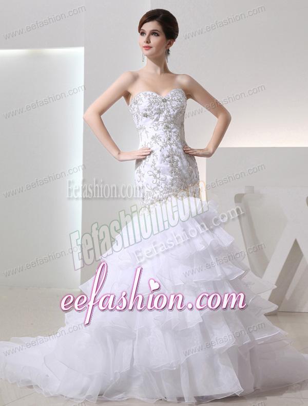2014 Popular Mermaid Sweetheart Ruffled Layers Wedding Dress with Lace