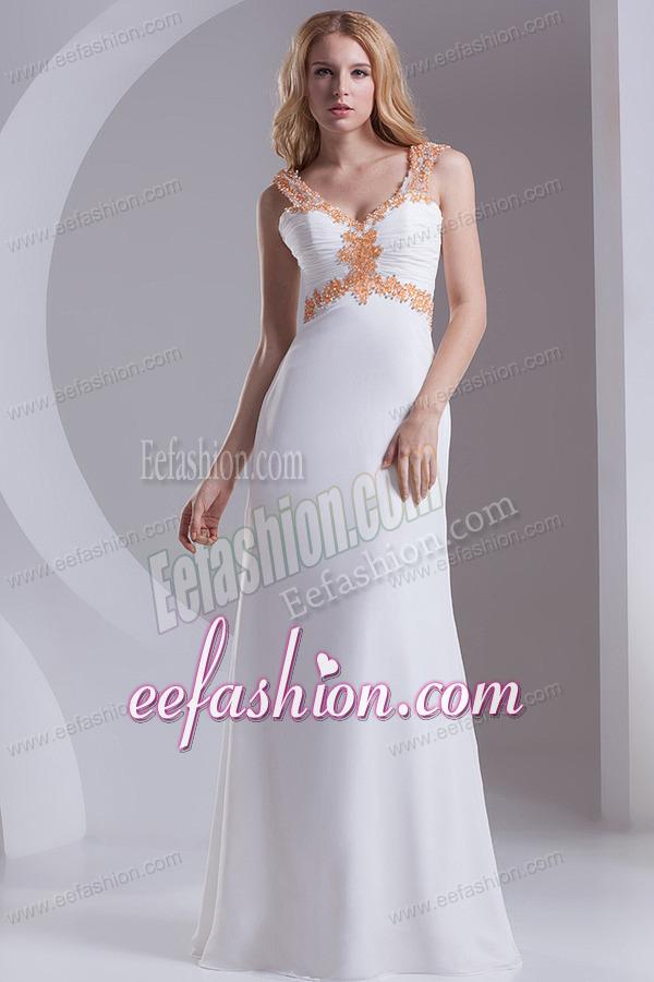 Column Straps Chiffon Appliques and Ruching White Prom Dress