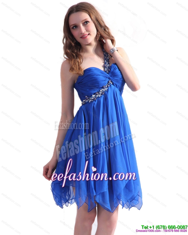 Fashionable Blue One Shoulder Prom Dresses with Ruffles