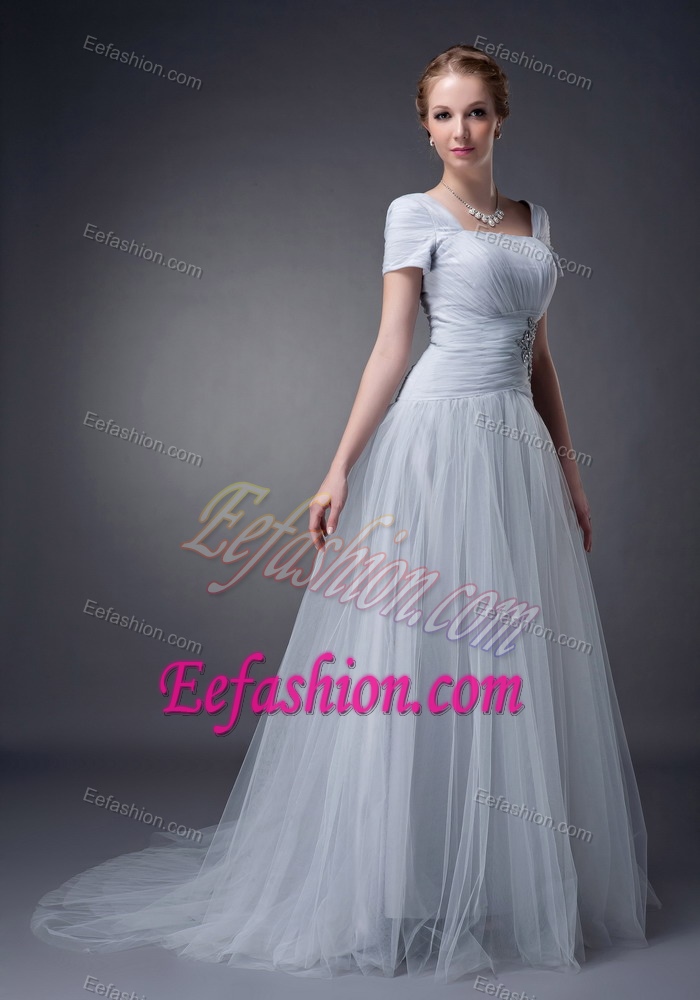 Cheap Square Straps Brush Train Tulle White Mother of Bride Dress with Ruching