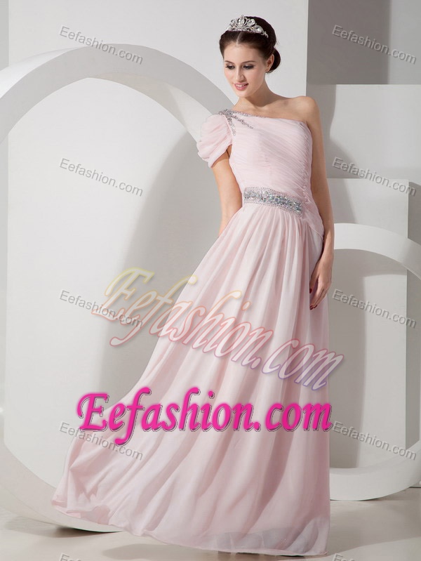 Baby Pink Empire One Shoulder Chiffon Sweet Prom Dress in Floor-length