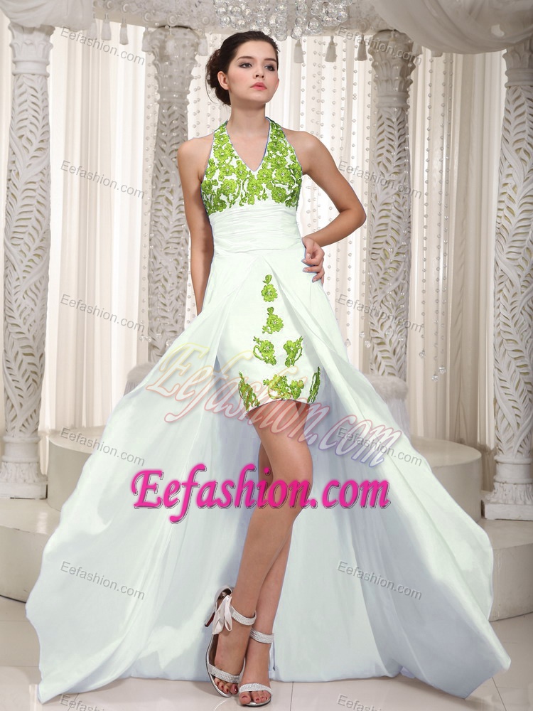 Custom Made Appliqued White High Low Dresses for Prom with Halter Top