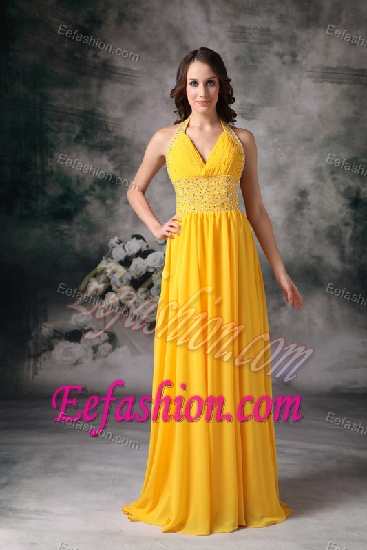 Yellow Empire Halter Beaded Chiffon Lovely Prom Dress with Brush Train