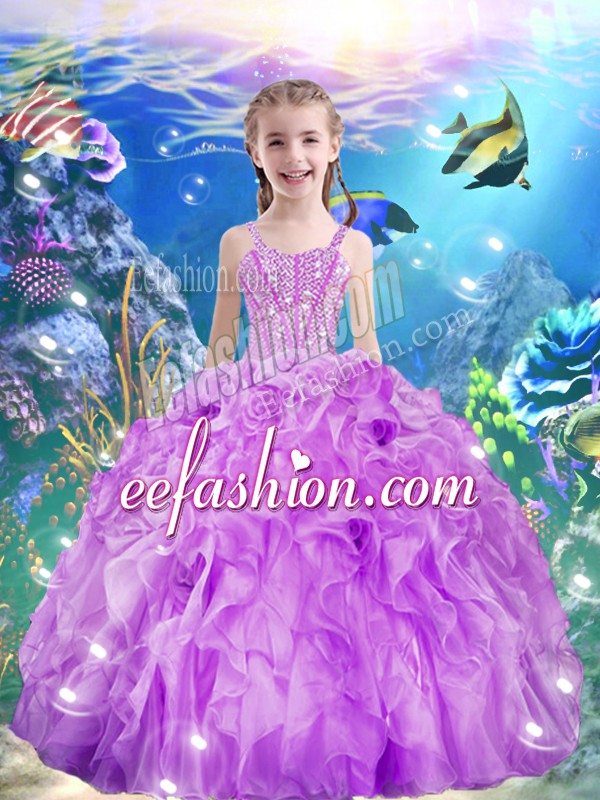  Floor Length Ball Gowns Sleeveless Lilac Girls Pageant Dresses Lace Up