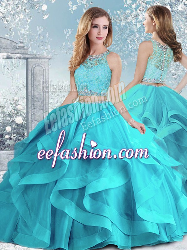 Wonderful Ball Gowns Quinceanera Gown Aqua Blue Scoop Organza Sleeveless Floor Length Clasp Handle