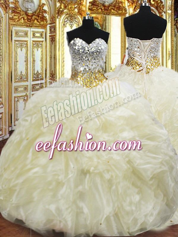 Sexy Light Yellow Sleeveless Floor Length Beading and Ruffles Lace Up Quinceanera Dresses