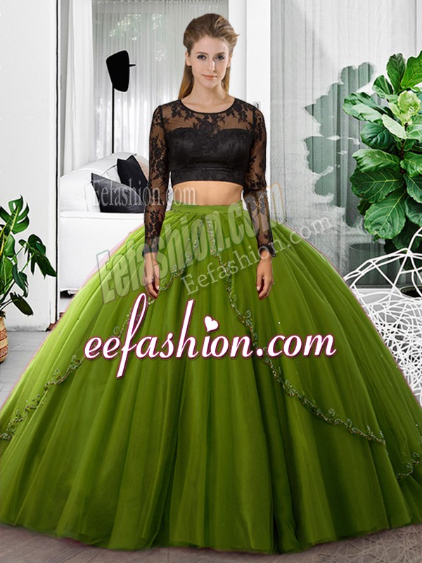  Floor Length Backless Quinceanera Gown Olive Green for Military Ball and Sweet 16 and Quinceanera with Lace and Ruching