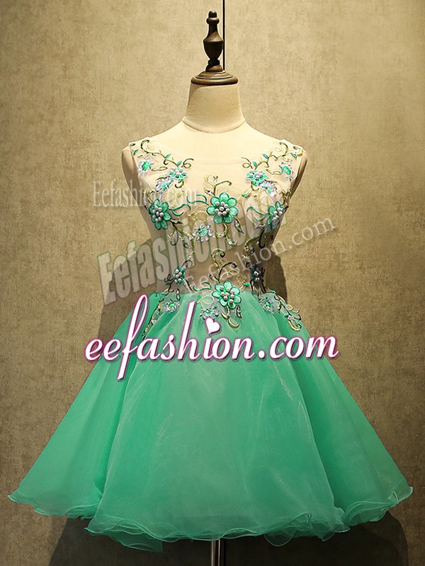 Lovely Sleeveless Mini Length Embroidery Lace Up Evening Dress with Green