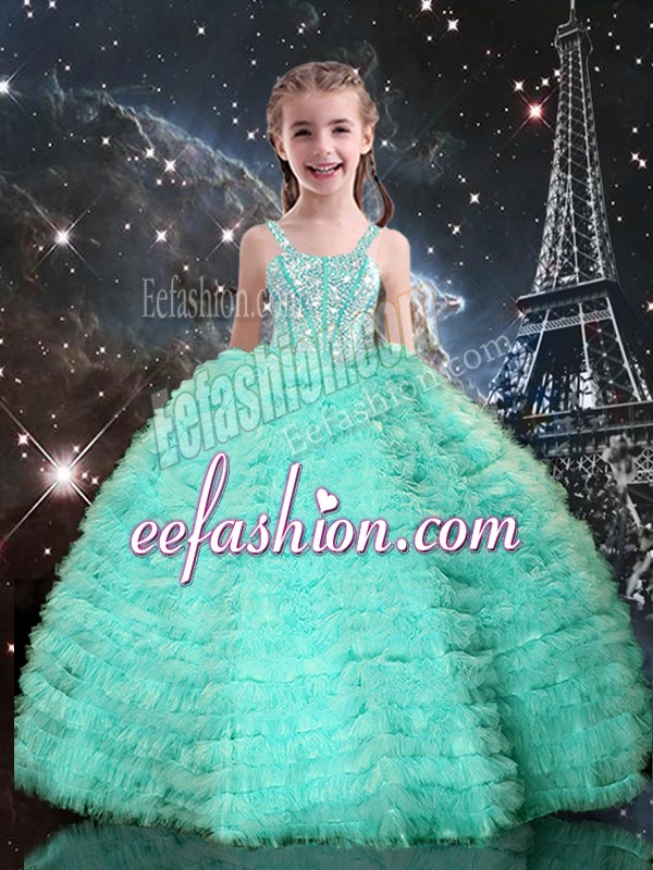 Admirable Turquoise Straps Neckline Beading and Ruffled Layers Custom Made Pageant Dress Sleeveless Lace Up