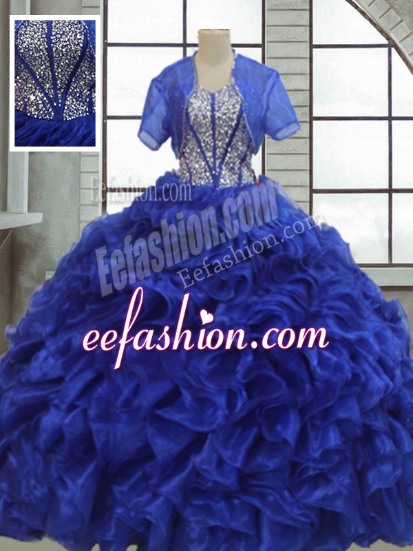 Modest Short Sleeves Organza Floor Length Lace Up Quinceanera Gowns in Royal Blue with Ruffles