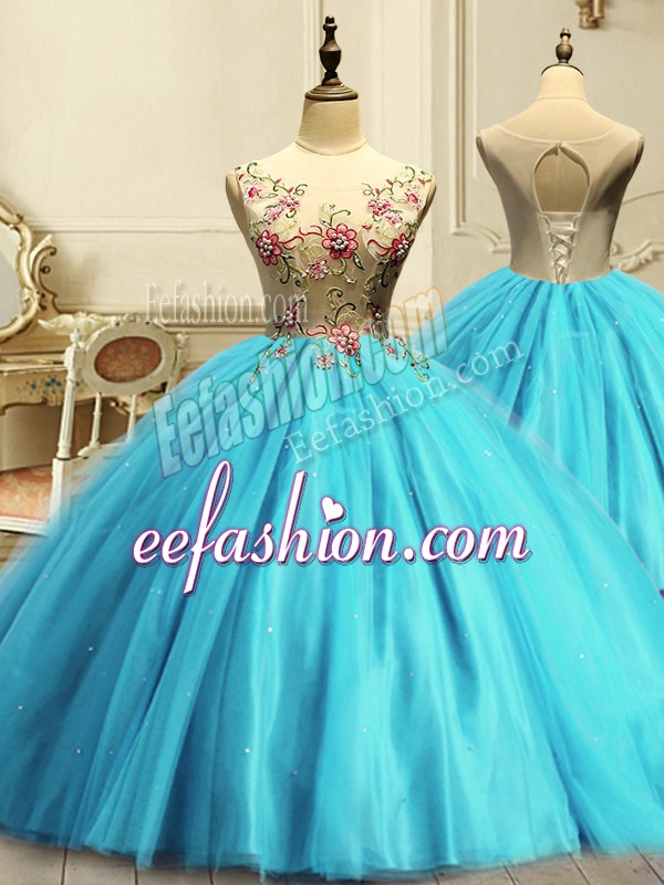 Low Price Aqua Blue Sleeveless Floor Length Appliques and Sequins Lace Up Quinceanera Dresses