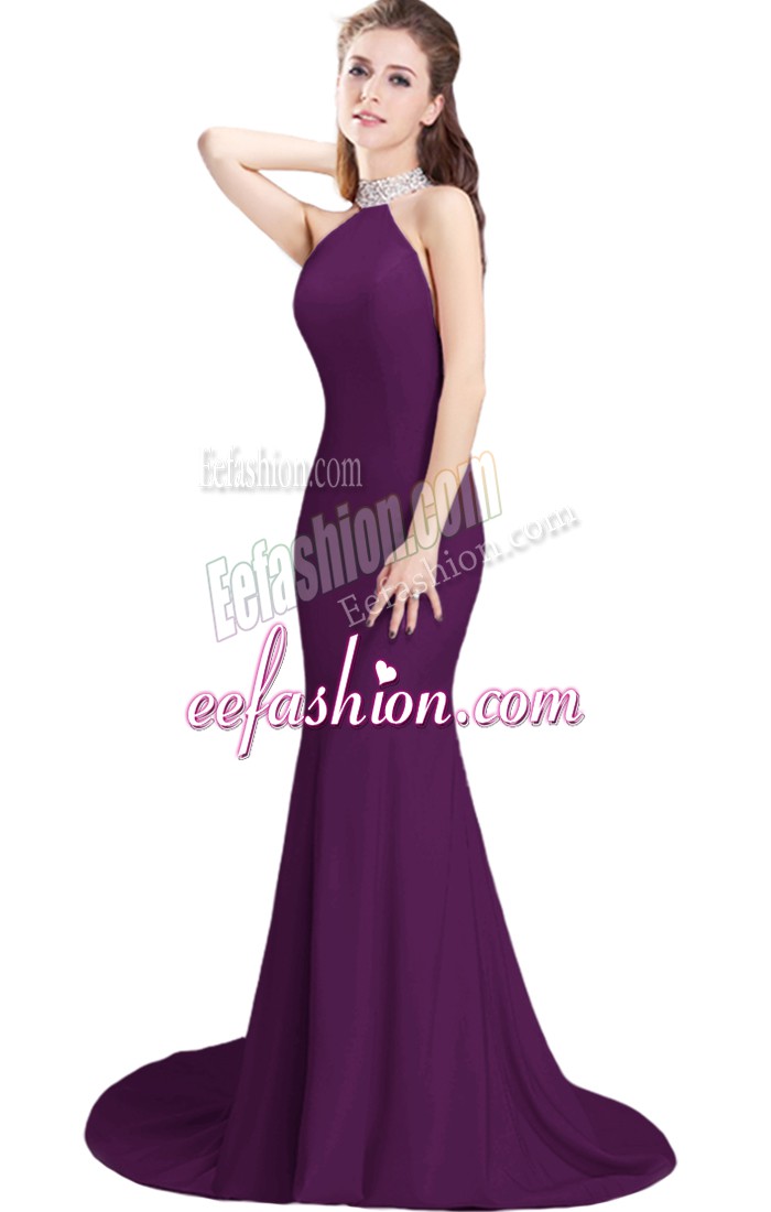 Luxury Sleeveless Beading Side Zipper Evening Dress with Purple Brush Train