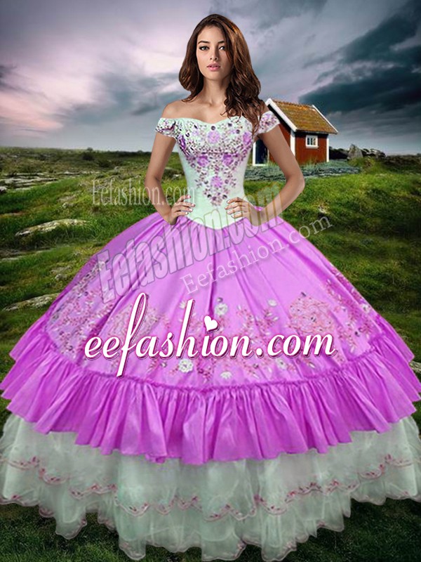  Lilac Lace Up 15th Birthday Dress Beading and Embroidery and Ruffled Layers Sleeveless Floor Length