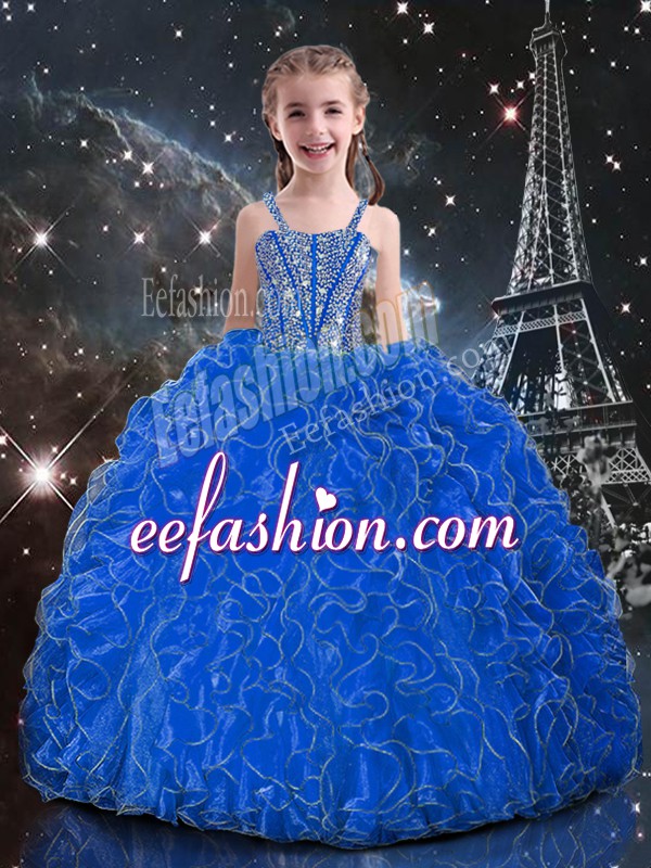  Blue Lace Up Pageant Gowns Beading and Ruffles Sleeveless Floor Length