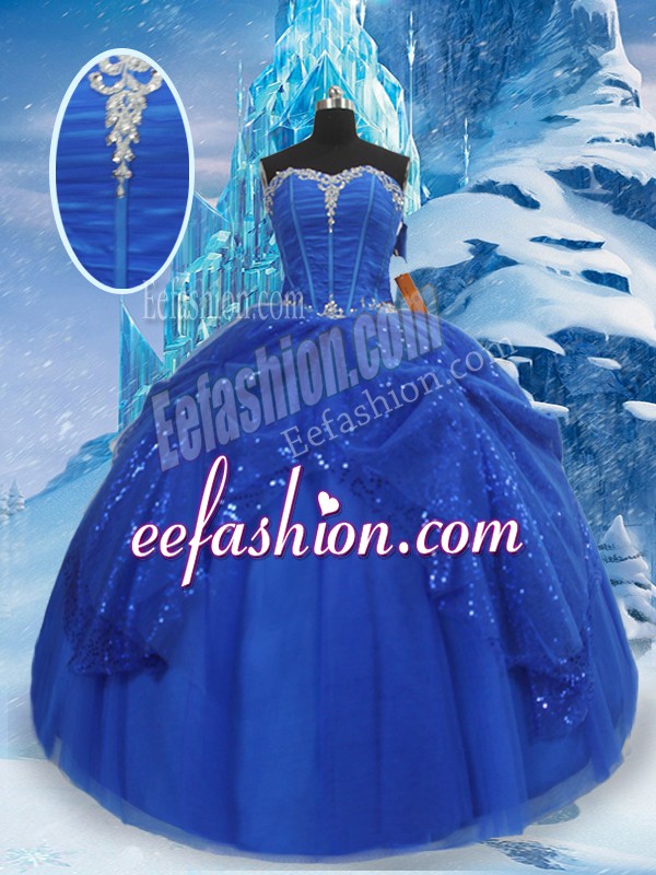  Floor Length Royal Blue 15th Birthday Dress Tulle Sleeveless Beading and Pick Ups