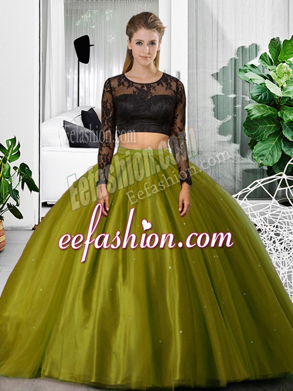  Olive Green Two Pieces Tulle Scoop Long Sleeves Lace and Ruching Floor Length Backless Ball Gown Prom Dress