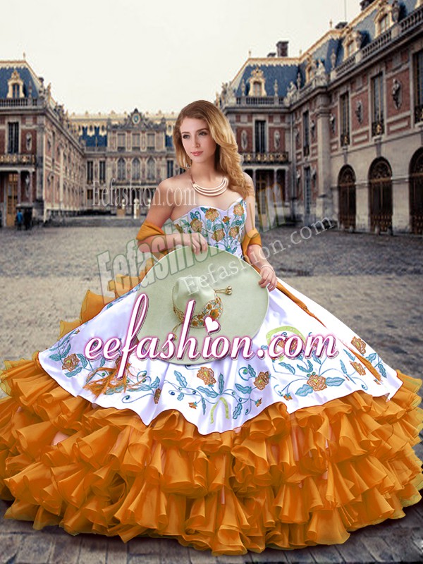Exquisite Orange Ball Gowns Organza Sweetheart Sleeveless Embroidery and Ruffled Layers Floor Length Lace Up 15th Birthday Dress