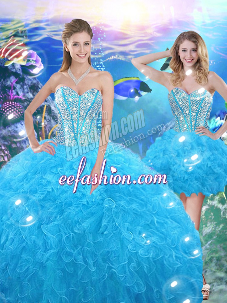 Glittering Floor Length Ball Gowns Sleeveless Baby Blue Quinceanera Dress Lace Up
