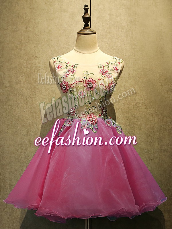 Chic Hot Pink Scoop Lace Up Embroidery Prom Evening Gown Sleeveless
