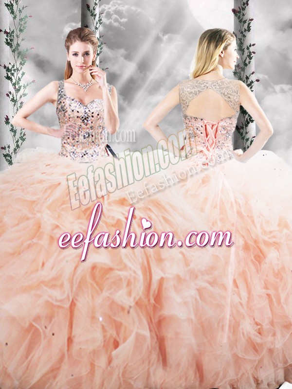  Peach Straps Lace Up Beading and Ruffles Quinceanera Dresses Sleeveless
