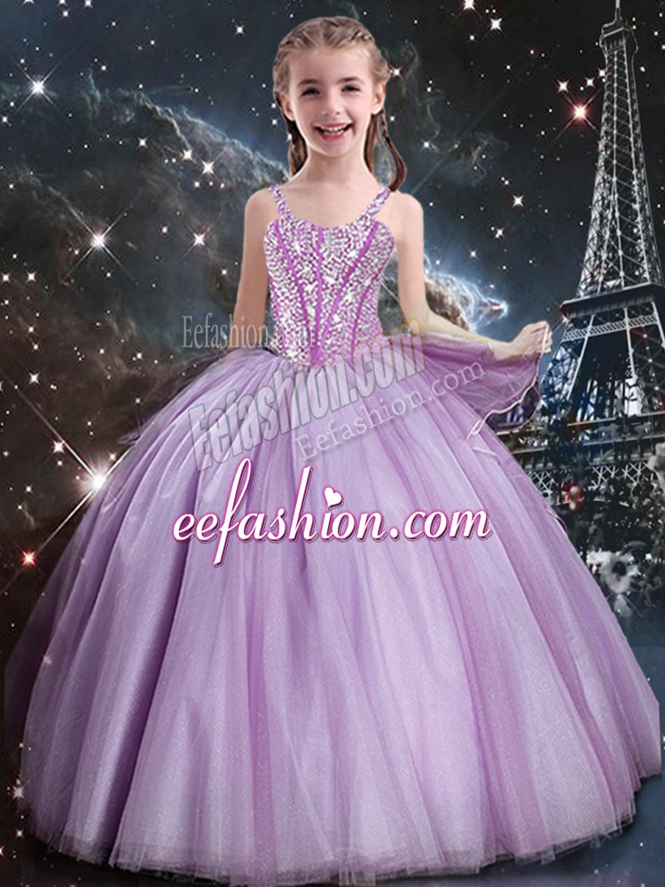 Perfect Floor Length Ball Gowns Sleeveless Lilac Pageant Dress for Girls Lace Up