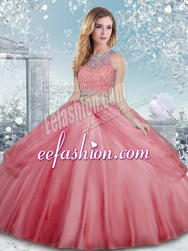 Dynamic Beading Quinceanera Dresses Watermelon Red Clasp Handle Sleeveless Floor Length