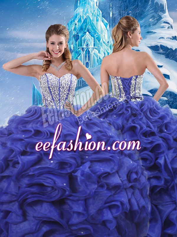  Blue Ball Gowns Beading and Ruffles Sweet 16 Dresses Lace Up Organza Sleeveless Floor Length