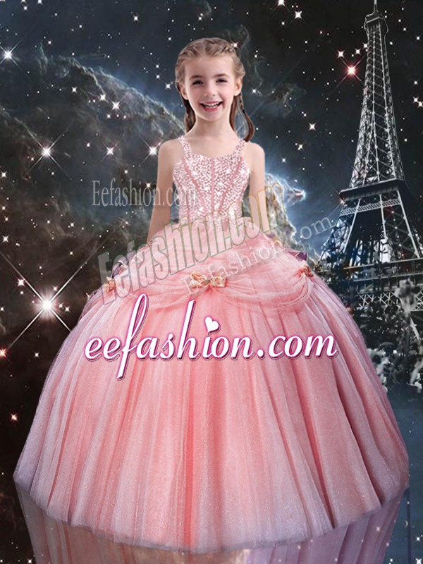  Ball Gowns Little Girls Pageant Gowns Rose Pink Straps Tulle Sleeveless Floor Length Lace Up