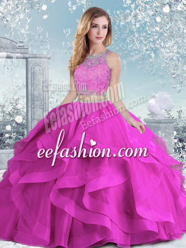  Fuchsia Sweet 16 Dresses Military Ball and Sweet 16 and Quinceanera with Beading and Ruffles Scoop Sleeveless Clasp Handle