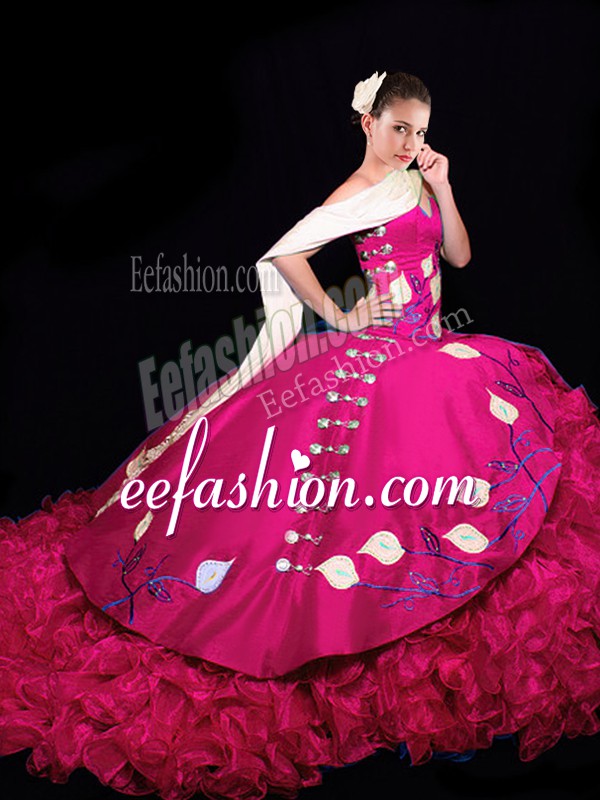  Lace Up Quinceanera Gowns Fuchsia for Military Ball and Sweet 16 and Quinceanera with Embroidery and Ruffles Brush Train