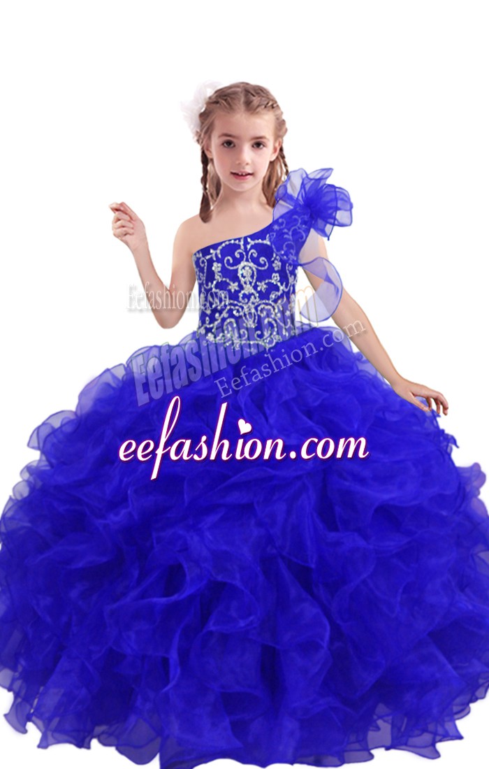  Floor Length Royal Blue Little Girls Pageant Dress One Shoulder Sleeveless Lace Up