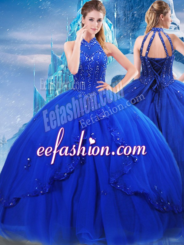  Royal Blue Lace Up Quince Ball Gowns Beading and Ruffles Sleeveless Brush Train
