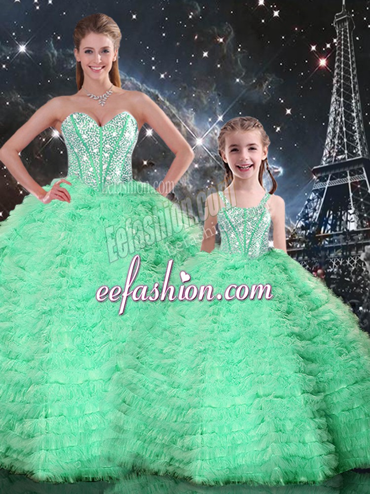 Edgy Turquoise Ball Gowns Sweetheart Sleeveless Tulle Floor Length Lace Up Beading and Ruffles Sweet 16 Quinceanera Dress